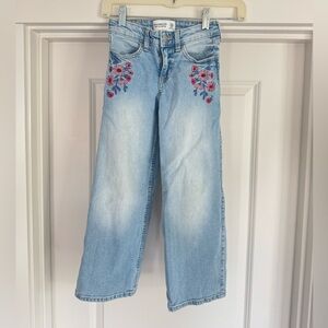 Abercrombie Kids Light Blue wide leg Jeans with Pink Floral Embroidery